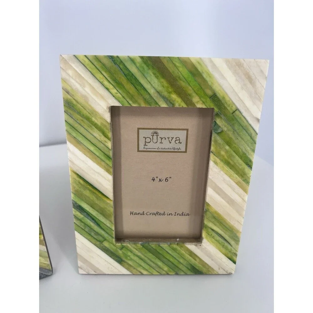 2 Purva Picture Frames Hand Crafted In India 4x6 Photos Green Gray Beige